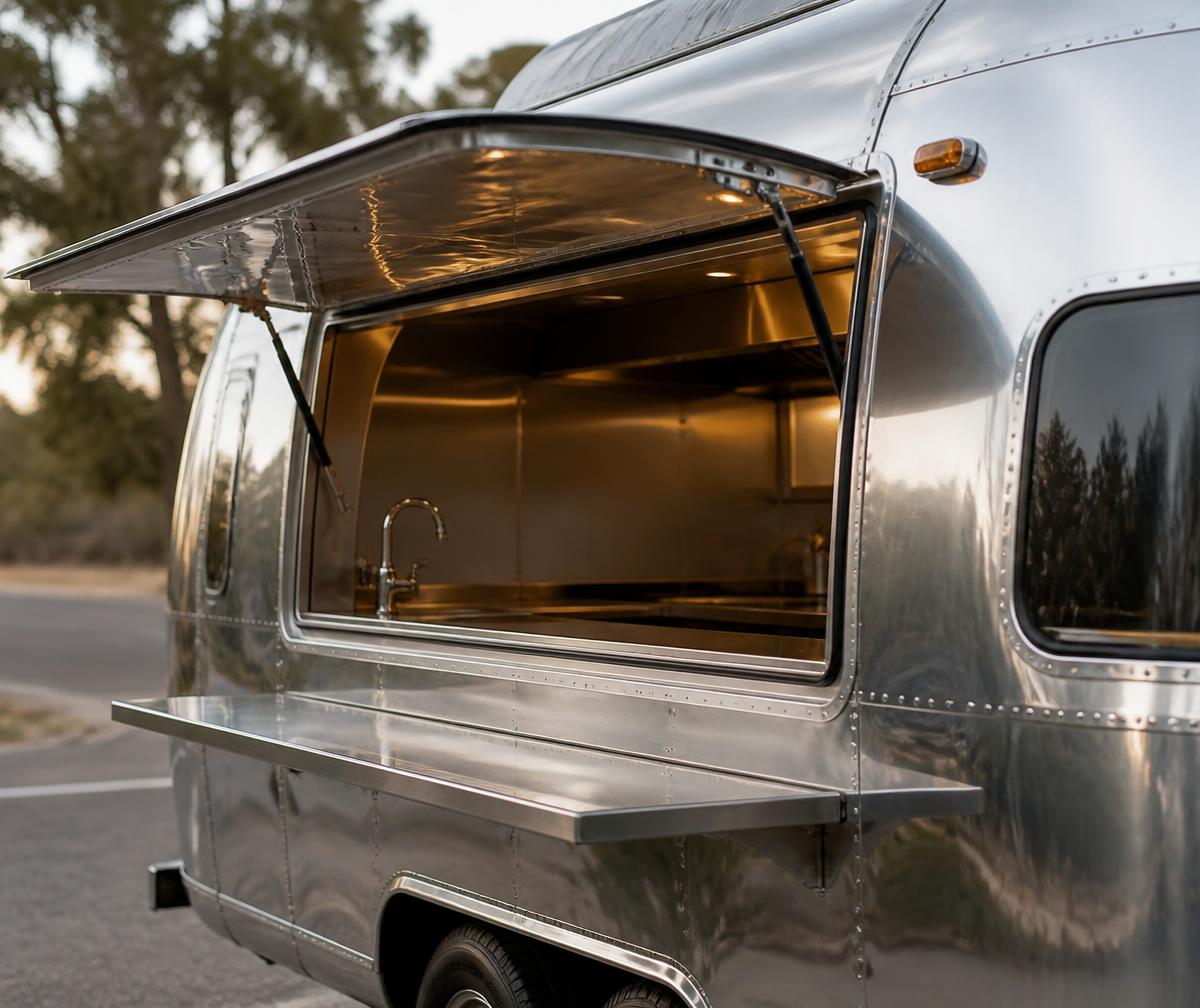 Open serving window and stainless counter on the food trailer