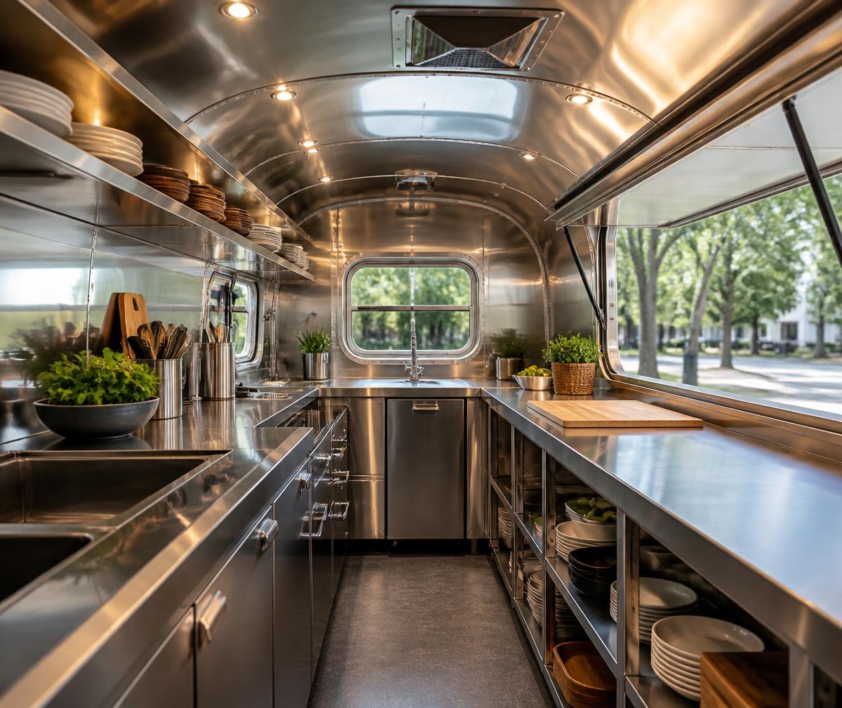 Stainless steel commercial kitchen inside the food trailer